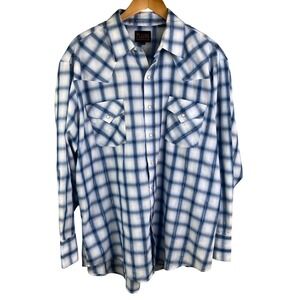 VTG Plains‎ Blue White Metallic Plaid Western Pearl Snap Long Sleeve Shirt XL